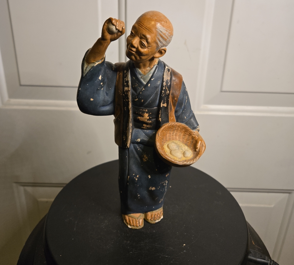 Vintage Hakata Clay Doll Standing Man Egg Sellet with Eggs